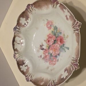 Antique Prussia Large Fruit Bowl Pink Flower Design 10.5 Diameter
